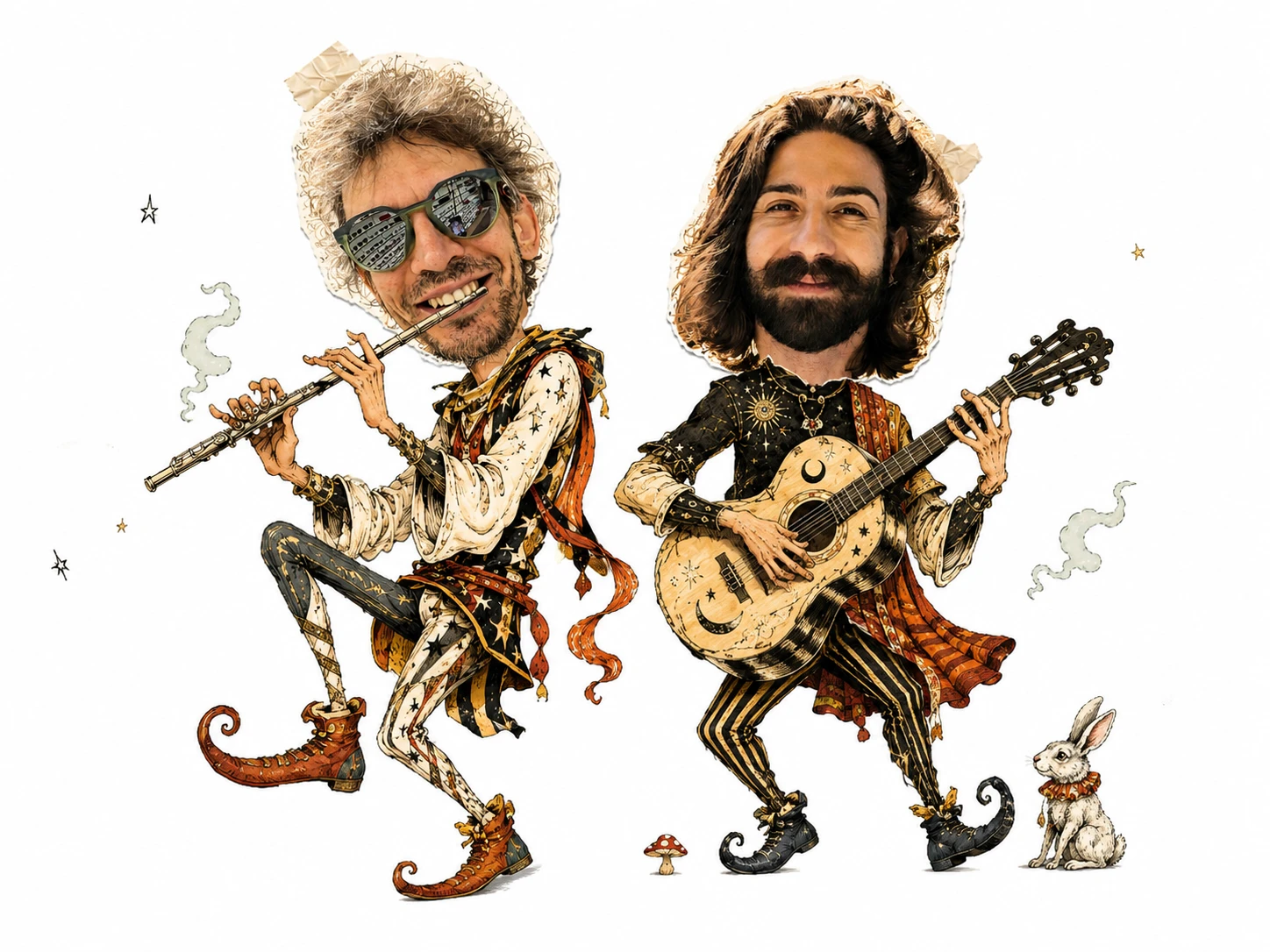 Illustration of Phil and Brian as traveling minstrels, one playing flute and one playing guitar, with a rabbit